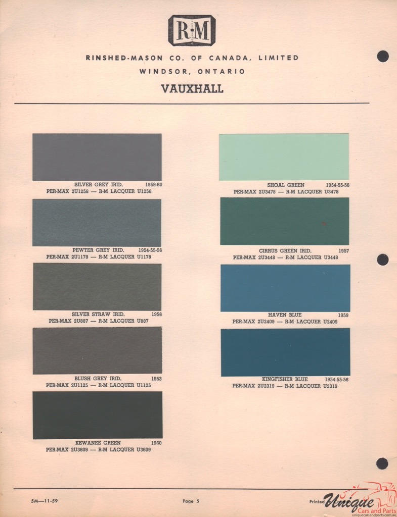 1957 Vauxhall Paint Charts RM 5